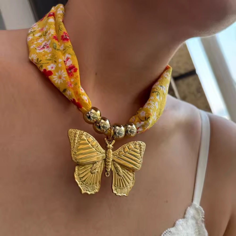 Golden Butterfly 18K Gold Stainless Steel Floral Scarf Choker Necklace - Picture 4 of 11
